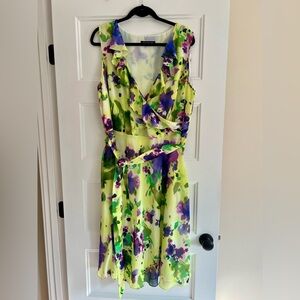 Jones New York Dress Size 18 Floral Ruffle Sleeveless Fit Flare Yellow Purple